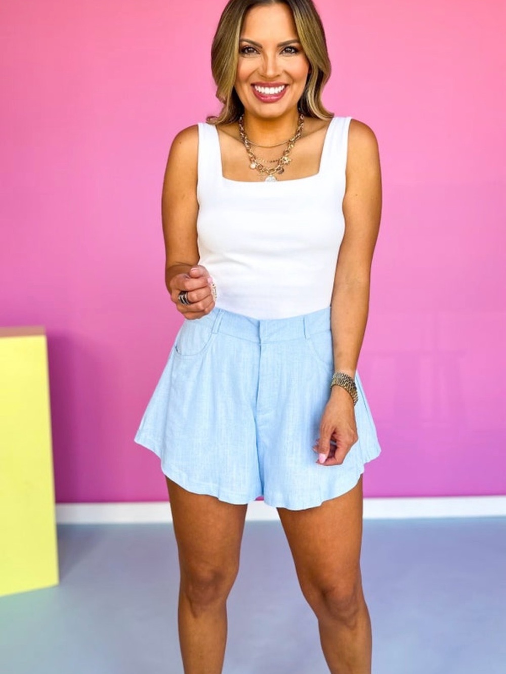 NWOT Light Blue Linen Mid Rise Flared Shorts